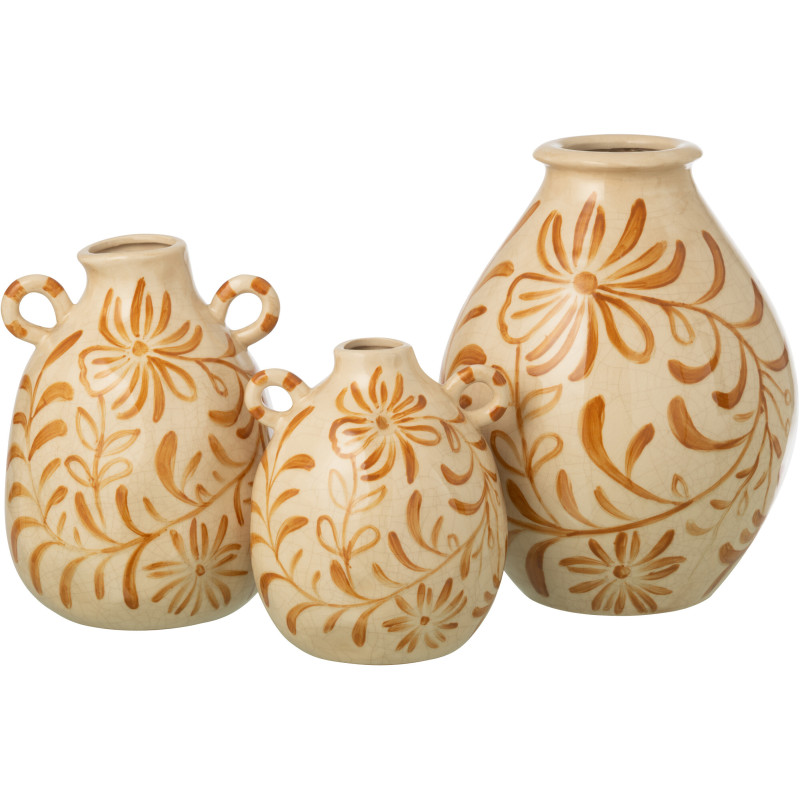 Vase style folk méditerrannéen avec anses Ovoïde H 29 cm Grès Blanc cassé Ocre Motif fleurs Floretta 