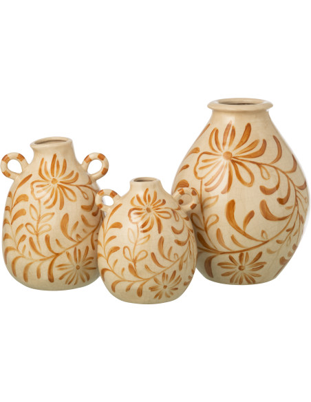 Vase style folk méditerrannéen avec anses Ovoïde H 29 cm Grès Blanc cassé Ocre Motif fleurs Floretta 