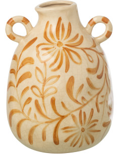 Vase style folk méditerrannéen avec anses Amphore H 24 cm Grès Blanc cassé Ocre Motif fleurs Floretta 