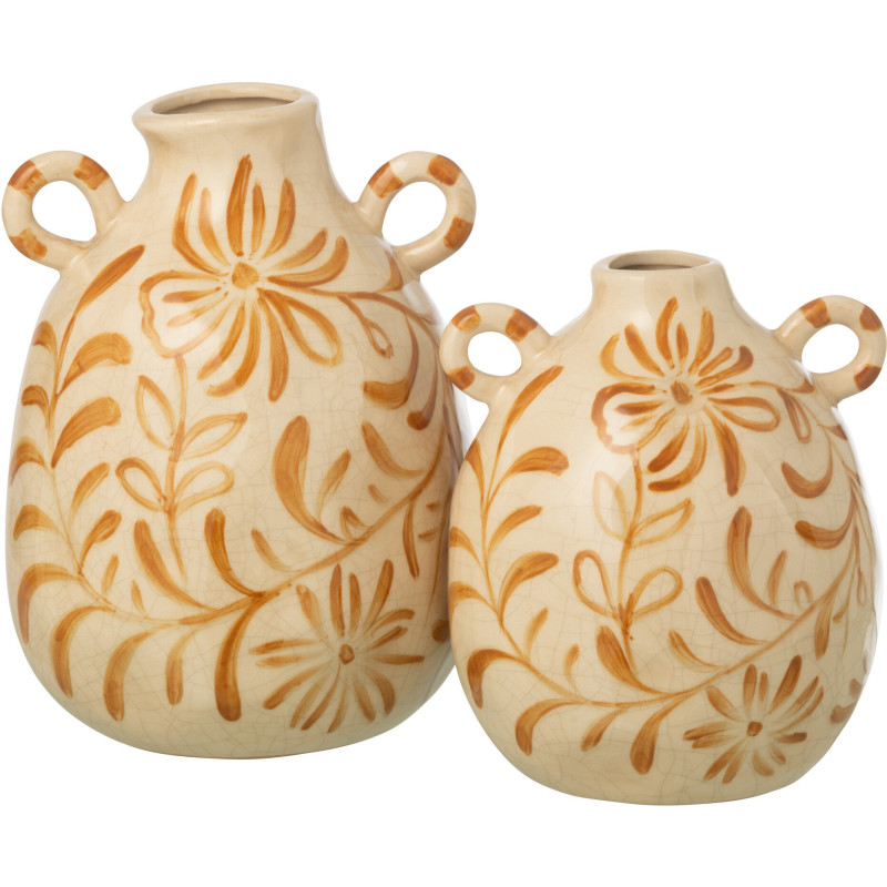 Vase style folk méditerrannéen avec anses Amphore H 24 cm Grès Blanc cassé Ocre Motif fleurs Floretta 