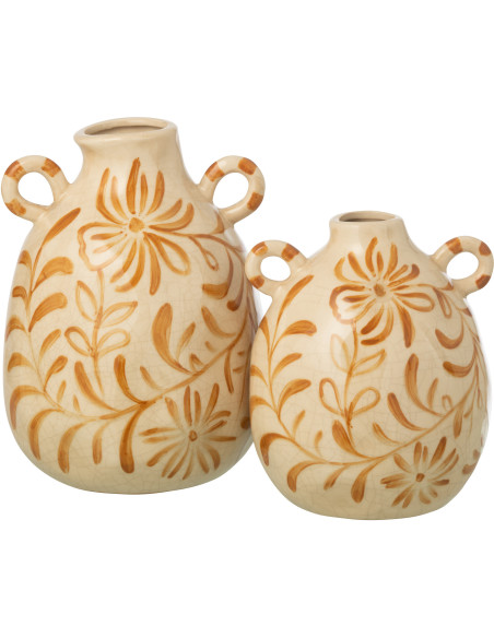 Vase style folk méditerrannéen avec anses Amphore H 24 cm Grès Blanc cassé Ocre Motif fleurs Floretta 