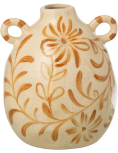 Vase style folk méditerrannéen avec anses Amphore H 19 cm Grès Blanc cassé Ocre Motif fleurs Floretta 