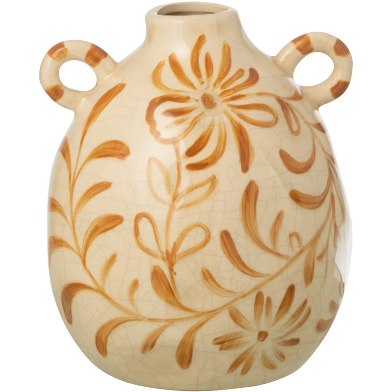 Vase style folk méditerrannéen avec anses Amphore H 19 cm Grès Blanc cassé Ocre Motif fleurs Floretta 