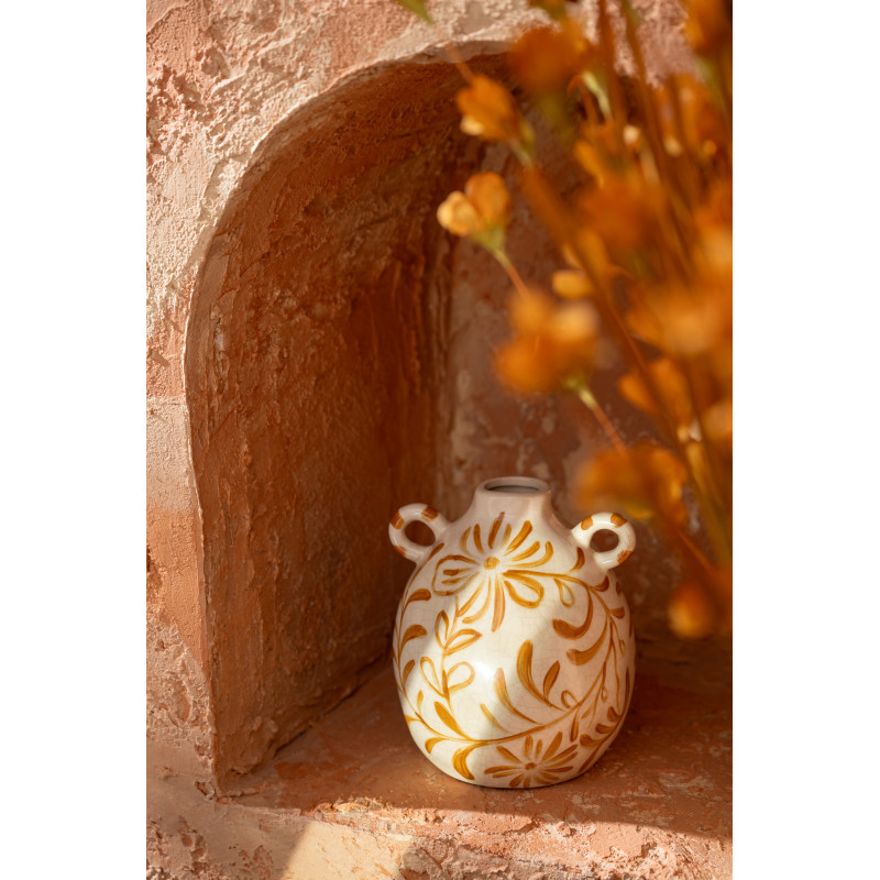 Vase style folk méditerrannéen avec anses Amphore H 19 cm Grès Blanc cassé Ocre Motif fleurs Floretta 