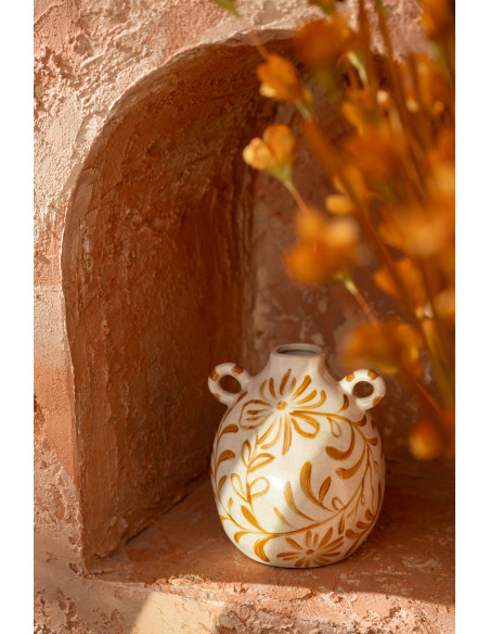 Vase style folk méditerrannéen avec anses Amphore H 19 cm Grès Blanc cassé Ocre Motif fleurs Floretta 