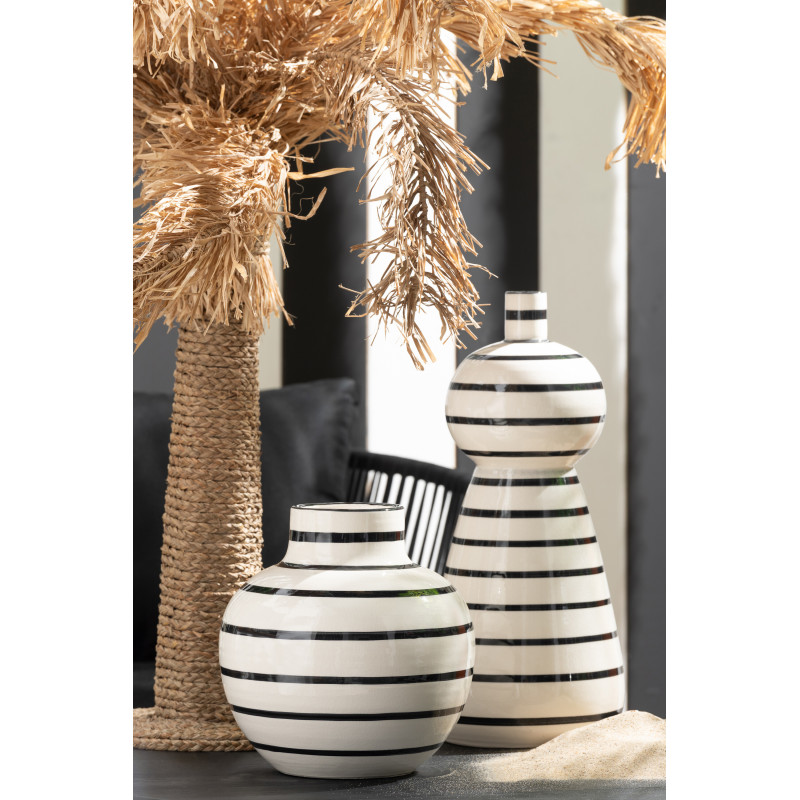 Vase style bord de mer Boule H 26 cm Céramique Blanc Noir Motif lignes Norlda 