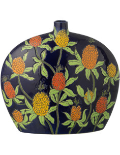 Vase Plat style art déco végétal Ovale H 30 cm Porcelaine Bleu Motif ananas Noctiflo 