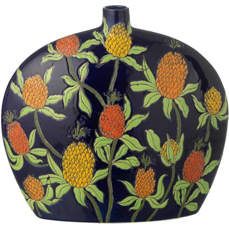 Vase Plat style art déco végétal Ovale H 30 cm Porcelaine Bleu Motif ananas Noctiflo 