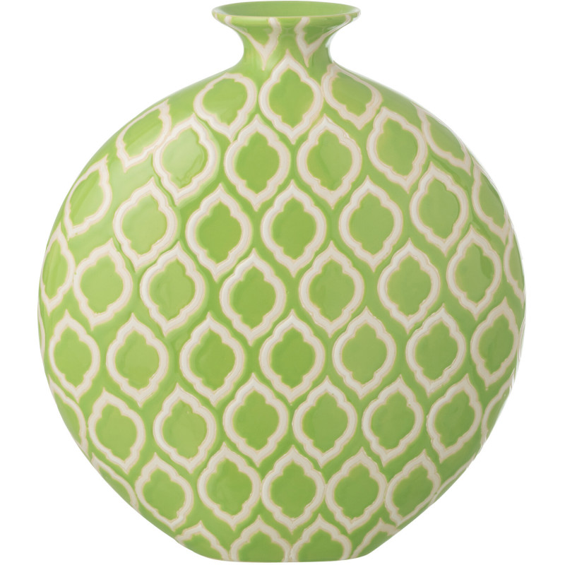 Vase Plat style art déco Rond H 33 cm Porcelaine Vert Blanc Motif graphique Cloréa 