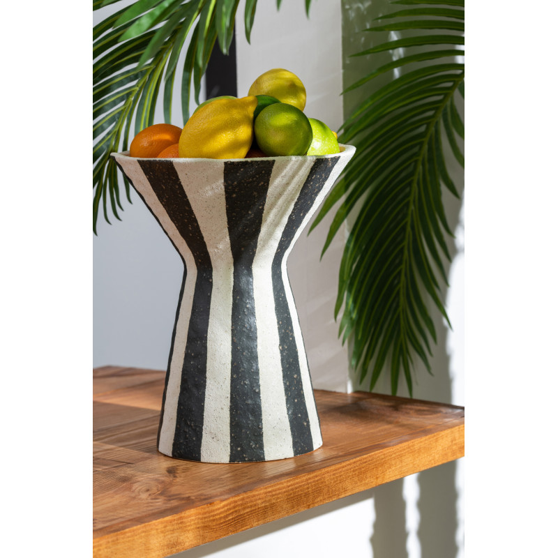 Vase organique évasé Coupe H 30 cm Grès Noir Blanc cassé Motif rayures Striorino 