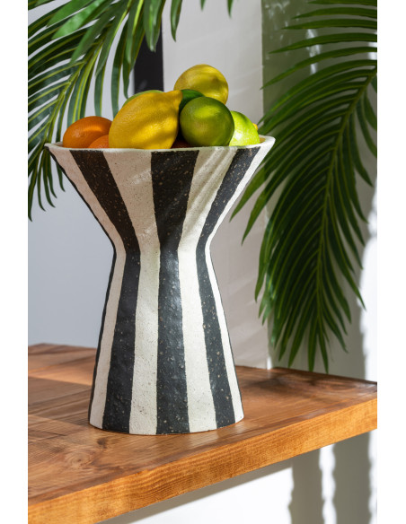 Vase organique évasé Coupe H 30 cm Grès Noir Blanc cassé Motif rayures Striorino 