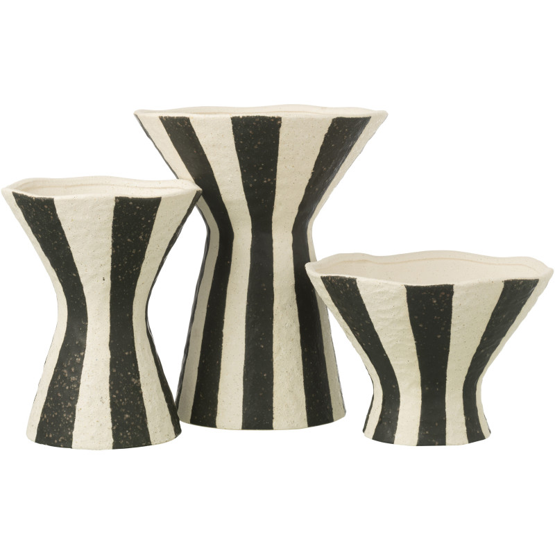 Vase organique évasé Coupe H 30 cm Grès Noir Blanc cassé Motif rayures Striorino 