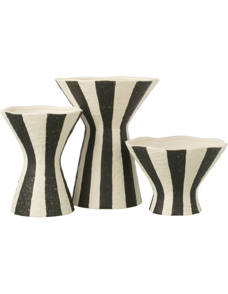 Vase organique évasé Coupe H 30 cm Grès Noir Blanc cassé Motif rayures Striorino 