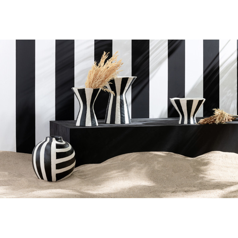 Vase organique évasé Coupe H 24 cm Grès Noir Blanc cassé Motif rayures Striorino 