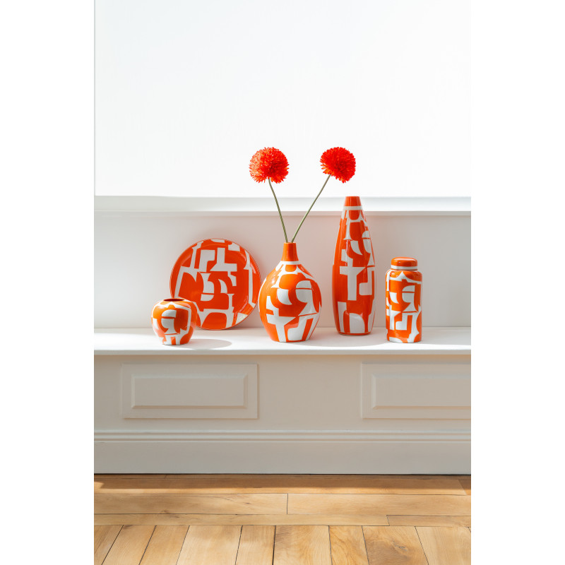 Vase design style memphis Boule H 16 cm Porcelaine Orange Blanc Motif géométrique Atypika 