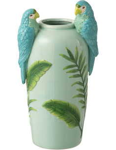 Vase design Perroquet Ovale H 38 cm Céramique Vert clair Bleu Jaune Paradisera 