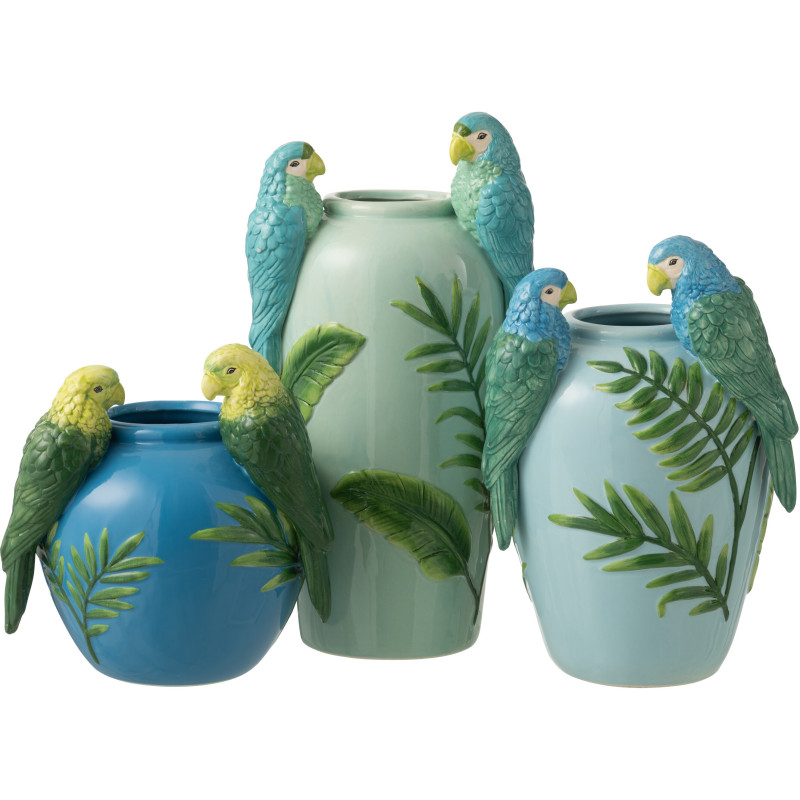 Vase design Perroquet Ovale H 38 cm Céramique Vert clair Bleu Jaune Paradisera 