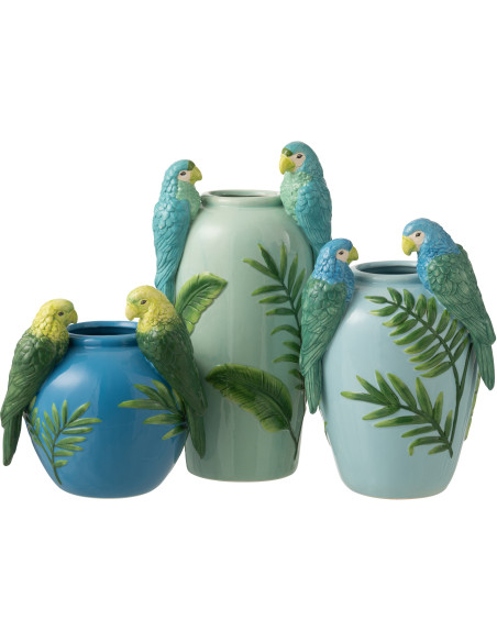 Vase design Perroquet Ovale H 38 cm Céramique Vert clair Bleu Jaune Paradisera 