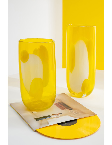 Vase design moderne Ovale H 37 cm Verre Jaune Blanc Motif taches Solarinia 