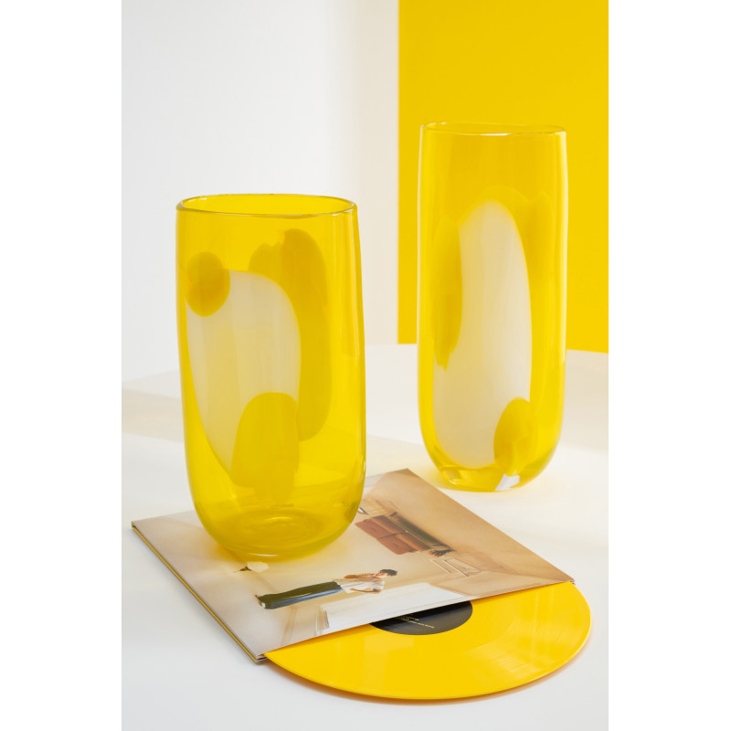 Vase design moderne Ovale H 33 cm Verre Jaune Blanc Motif taches Solarinia 