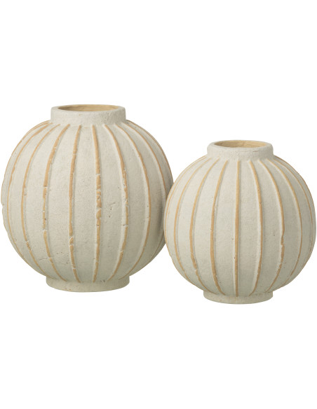Vase design japandi Boule H 30 cm Terre cuite Blanc cassé Beige Motif lignes Orikino 