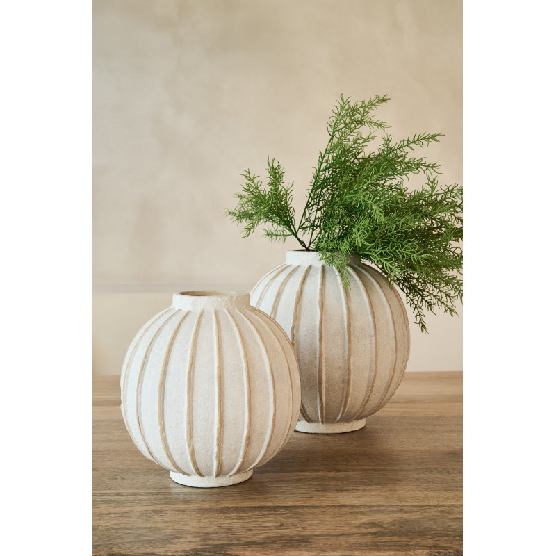 Vase design japandi Boule H 25 cm Terre cuite Blanc cassé Beige Motif lignes Orikino 