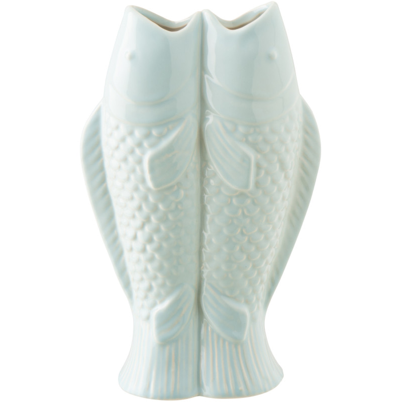 Vase design double Poissons H 35 cm Grès Bleu clair Marisco 