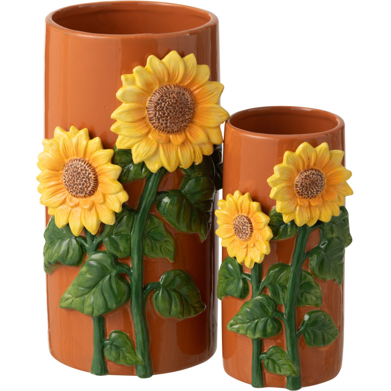 Vase design campagne chic Tournesols Cylindrique H 29 cm Céramique Marron Solelia 