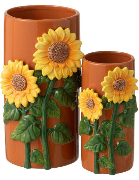Vase design campagne chic Tournesols Cylindrique H 29 cm Céramique Marron Solelia 