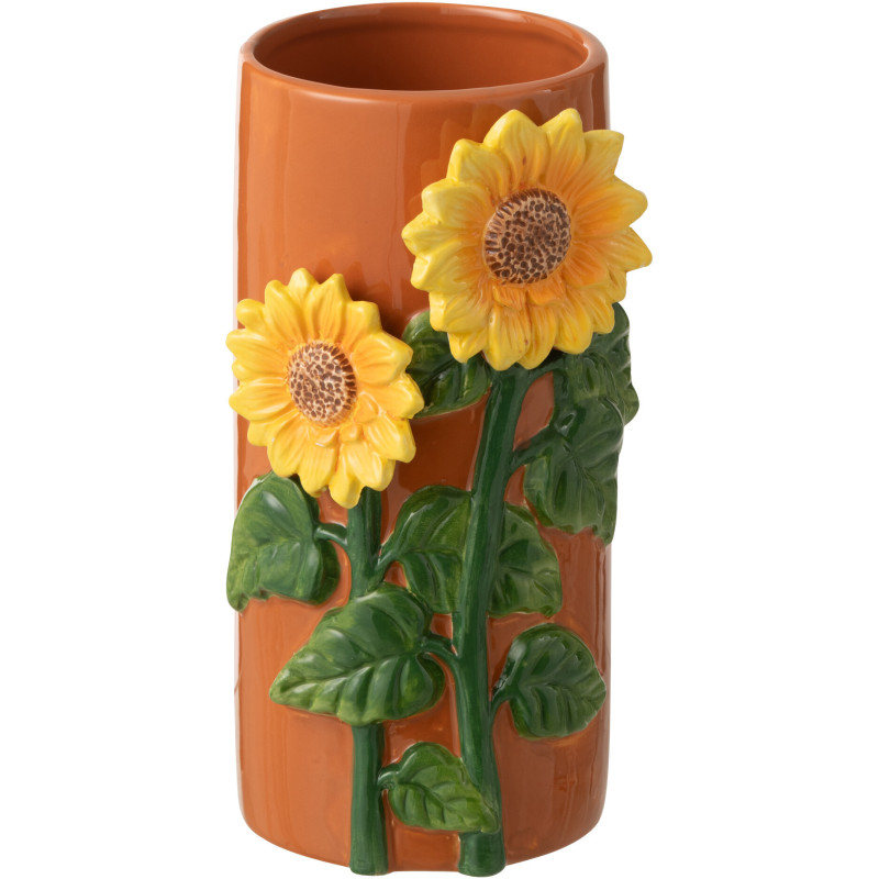 Vase design campagne chic Tournesols Cylindrique H 21 cm Céramique Marron Solelia 