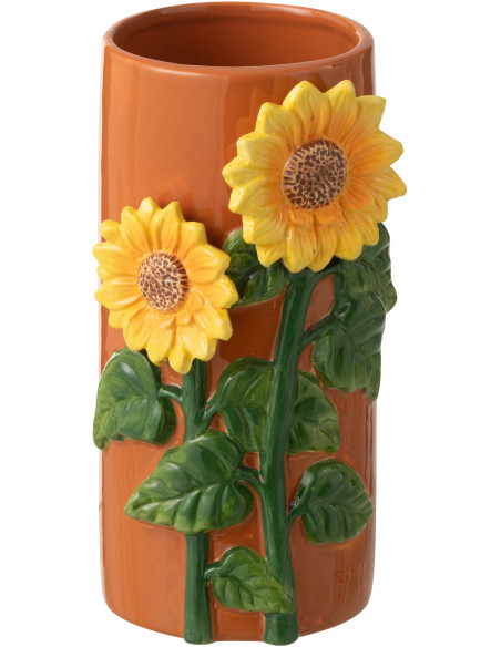 Vase design campagne chic Tournesols Cylindrique H 21 cm Céramique Marron Solelia 