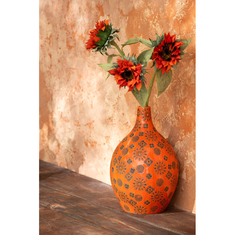 Vase design bohème méditérrannéen Ovale H 35 cm Porcelaine Orange Motif fleurs Soleyada 