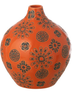 Vase design bohème méditérrannéen Boule H 18 cm Porcelaine Orange Motif fleurs Soleyada 