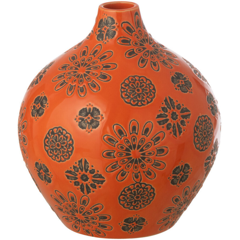 Vase design bohème méditérrannéen Boule H 18 cm Porcelaine Orange Motif fleurs Soleyada 
