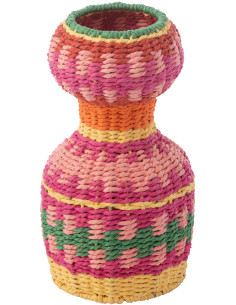 Vase déco original bohème tropical H 30 cm Papier Rose fuchsia Tressé Métal Palmarosa 
