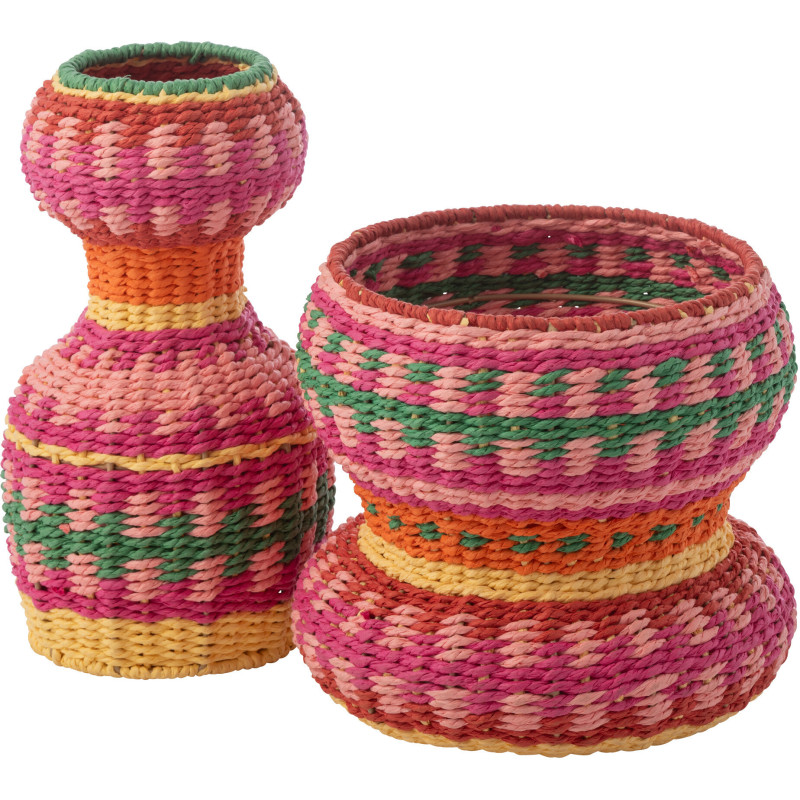 Vase déco original bohème tropical H 30 cm Papier Rose fuchsia Tressé Métal Palmarosa 