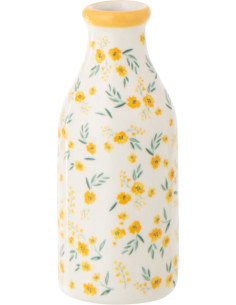 Vase Campagne chic Bouteille H 14 cm Dolomite Blanc Jaune Motif fleurs Flowa 