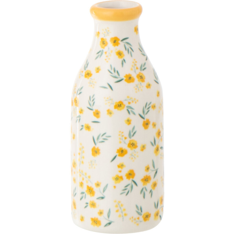 Vase Campagne chic Bouteille H 14 cm Dolomite Blanc Jaune Motif fleurs Flowa 