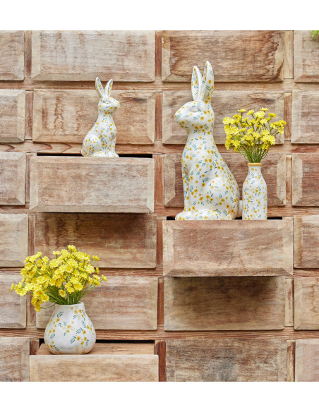 Vase Campagne chic Bouteille H 14 cm Dolomite Blanc Jaune Motif fleurs Flowa 