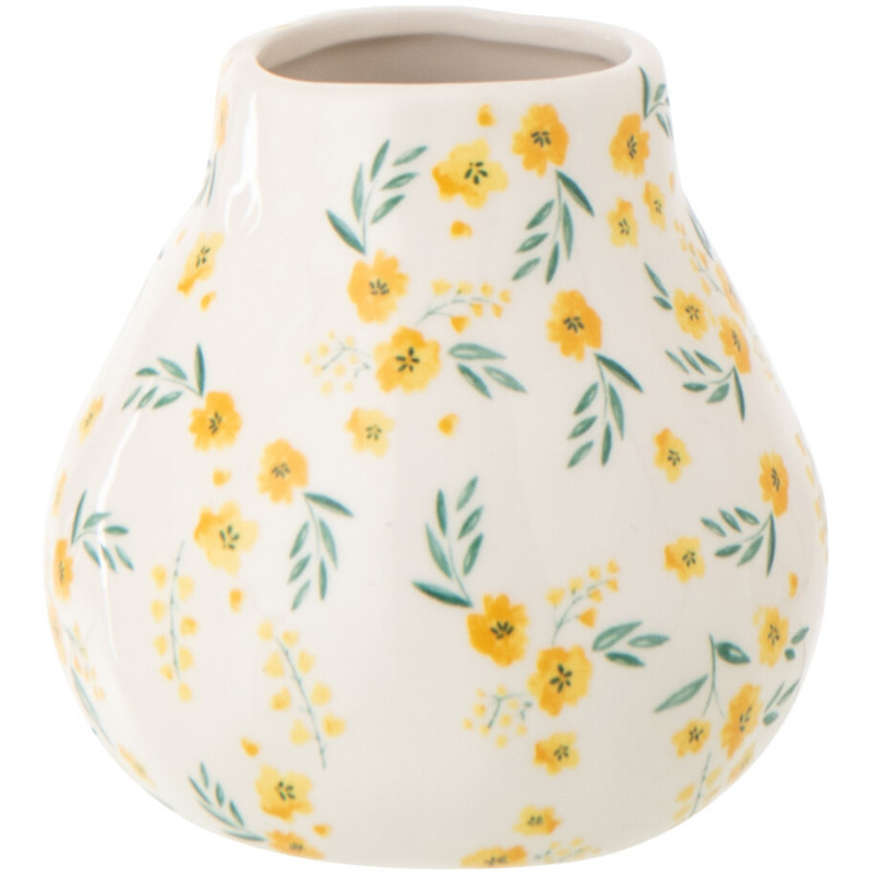 Vase Campagne chic Boule H 12 cm Dolomite Blanc Jaune Motif fleurs Flowa 