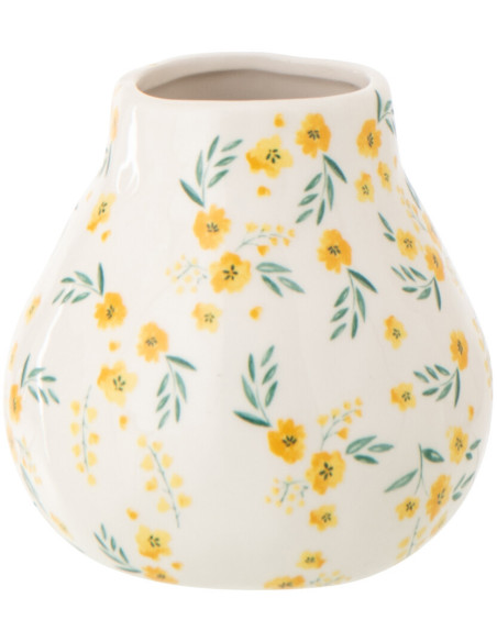 Vase Campagne chic Boule H 12 cm Dolomite Blanc Jaune Motif fleurs Flowa 