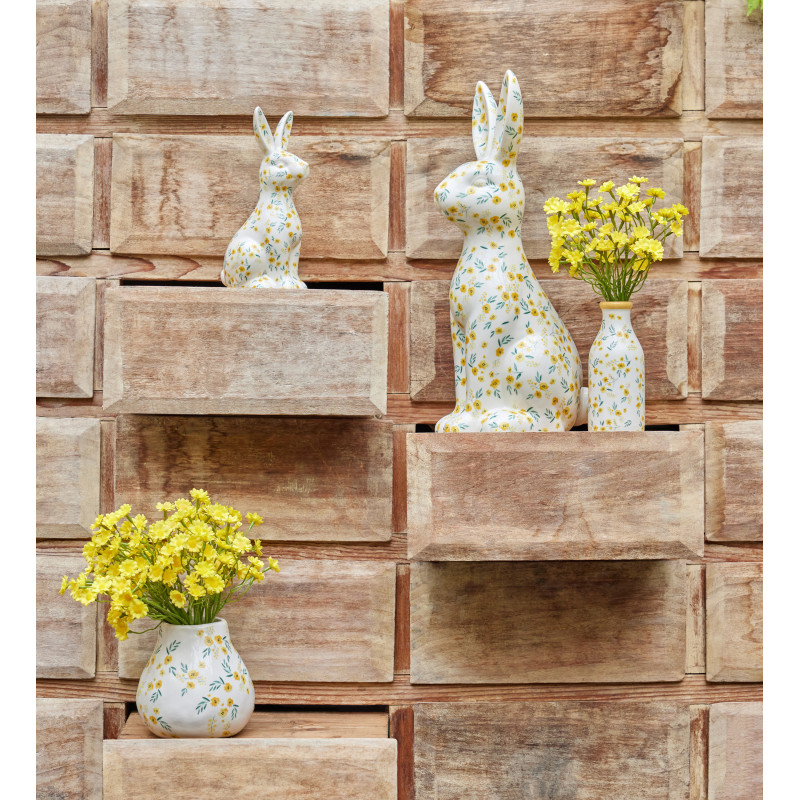 Vase Campagne chic Boule H 12 cm Dolomite Blanc Jaune Motif fleurs Flowa 