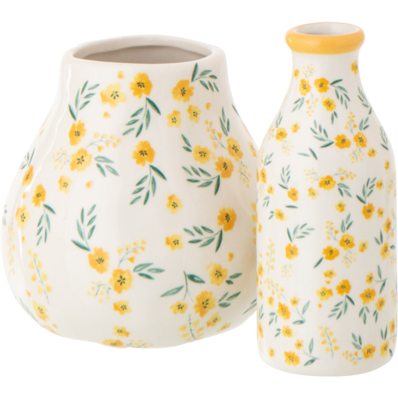 Vase Campagne chic Boule H 12 cm Dolomite Blanc Jaune Motif fleurs Flowa 