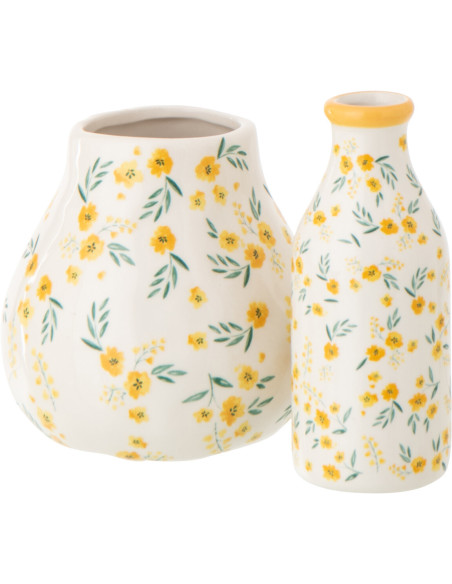 Vase Campagne chic Boule H 12 cm Dolomite Blanc Jaune Motif fleurs Flowa 