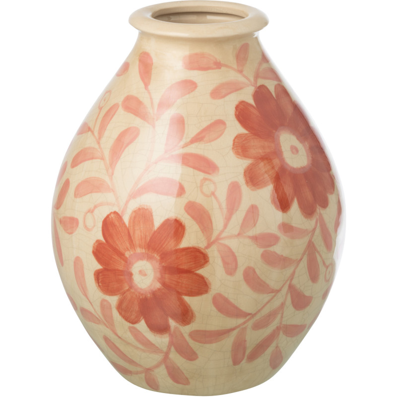 Vase bohème méditerrannéen Ovoïde H 29 cm Grès Blanc cassé Orange Motif fleurs Floralya 