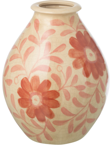 Vase bohème méditerrannéen Ovoïde H 29 cm Grès Blanc cassé Orange Motif fleurs Floralya 