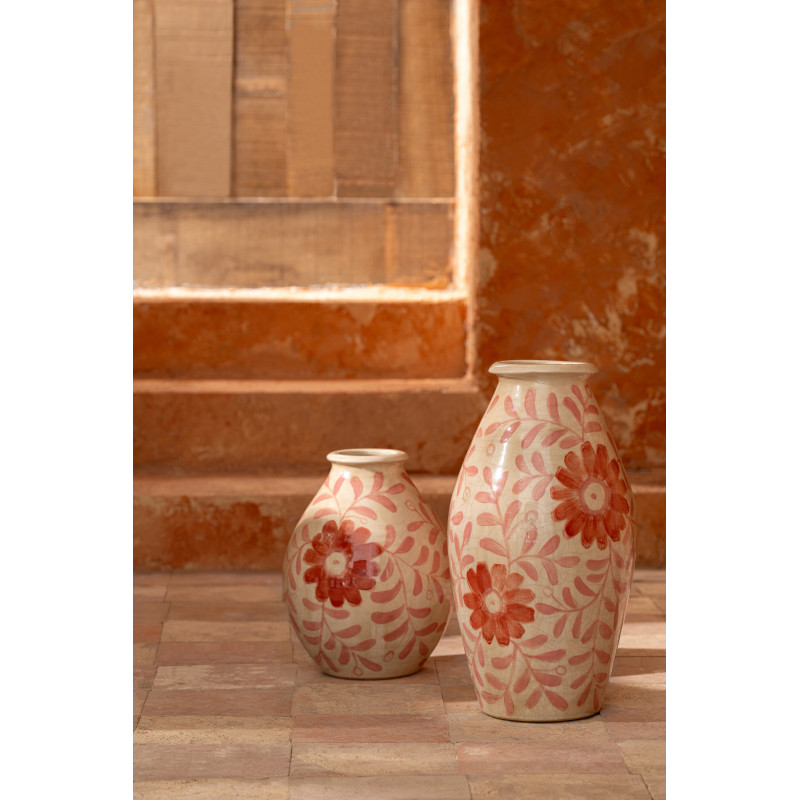Vase bohème méditerrannéen Ovoïde H 29 cm Grès Blanc cassé Orange Motif fleurs Floralya 