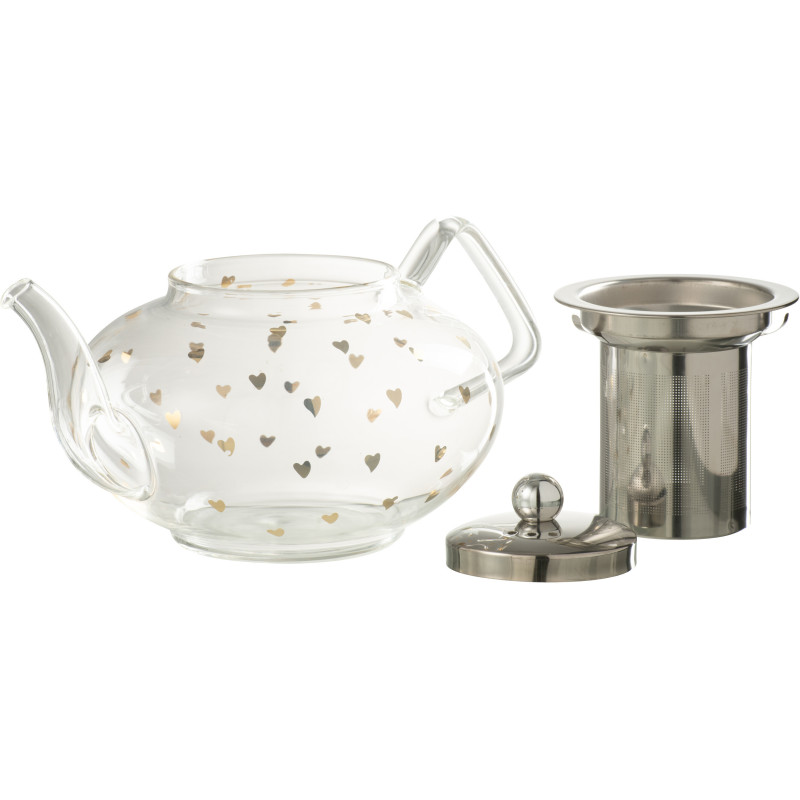 Théière romantique chic 900 ml Verre Transparent Motif coeurs Doré Amorissia 
