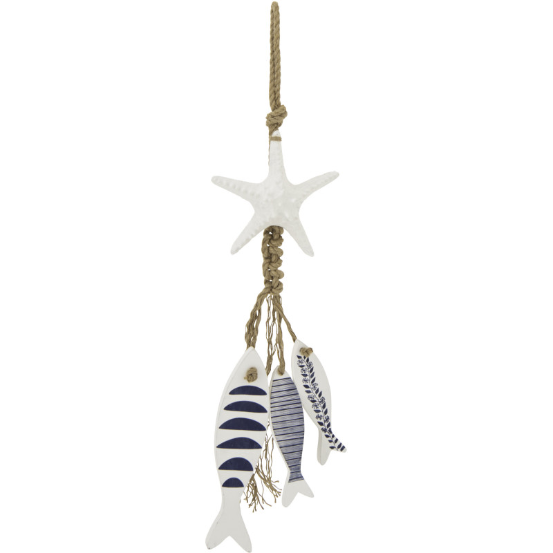 Suspension déco murale Poissons & Étoile de mer style méditerrannéen Bois MDF Blanc Bleu Corde Tressé Aoshira 