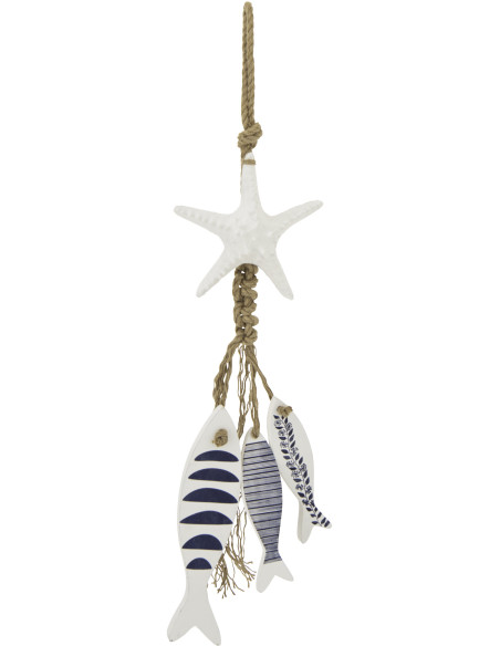 Suspension déco murale Poissons & Étoile de mer style méditerranéen Bois MDF Blanc Bleu Corde Tressé Aoshira J-Line - 1
